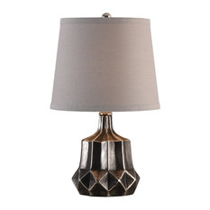 Rustic Textured Charcoal Gray Ceramic Table Lamp, Fretwork Urn Antique-Style