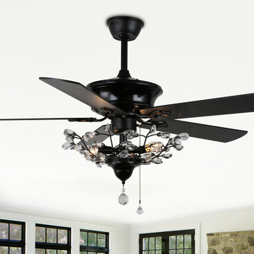 52" Chrome 5-Blade Reversible Branches Crystal Ceiling Fan with Remote, Black