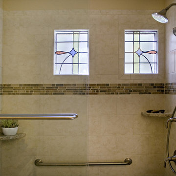 Craftsman Hall Bath with Reclaimed Stained Glass