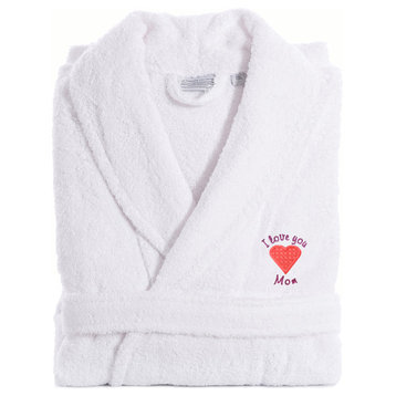 "I Love You Mom" Embroidered White Terry Bathrobe, Pink Heart, Large/XLarge