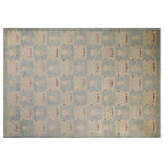 Bareens Designer Rugs - Boho Chic Ziegler Drake Blue Tan Hand-Knotted Wool Rug - 9'10'' x 13'10'' - Enhance the ambiance of your home with this magnificent Persian-influenced Turkish hand-knotted rug made by skilled artisans capable of creating the most exceptional vegetable dyes and hand-spun wool. This exquisite handmade rug is a one-of-a-kind Peshawar Kafkaz, otherwise identified as Chobi, Chobi Peshawar, Oushak, or Ziegler rug. These handmade rugs are crafted in Pakistan utilizing superior-quality wool imported from Australia, New Zealand, and Korea in two types of weaves: the Persian weave and the Mori weave. This rug is meticulously crafted by hand using the finest natural vegetable dyes extracted from local plants. The artisans use a blend of hand-spun local and fine merino wool, resulting in a rug with a compelling texture, higher lanolin content, and longer staple. The artisans occasionally incorporate natural or artificial silk into the pile to enhance specific motifs. The finished product is an awe-inspiring execution of flawless design and an understated palette that exudes elegance.