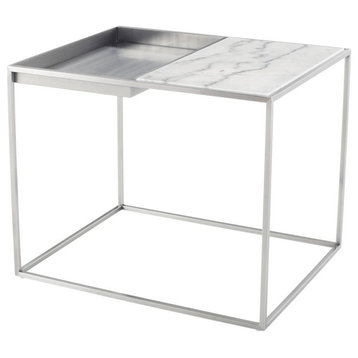 Corbett Modern Side Table, Brushed Stainless Steel End Table, White Marble Top