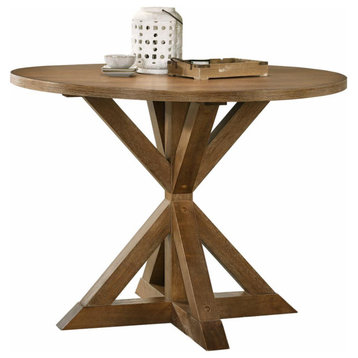 Rustic Dining Table, Cross-Buck Pedestal Base With Round Wooden Top, Cottage Oak