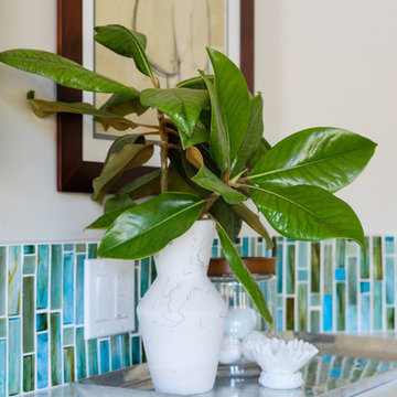 White & Bright Master Bathroom w/ Teal mosaic tile backsplash & Freestanding tub