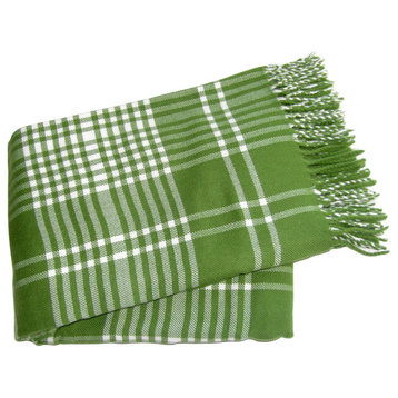 Two-Color Plaid Throw with Fringe, Moss Green