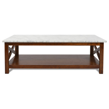 Agatha 44" Rectangular Carrara White Marble Coffee Table With Wood Legs, Walnut