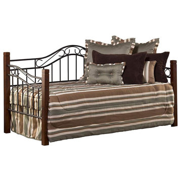 Twin Daybed, Metal Frame With Scroll Detail and Trundle, Cherry/Black
