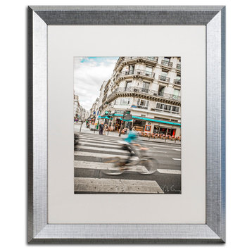 "Paris Bicycle Rider" Framed Art by Yale Gurney, Silver, White, 16"x20"