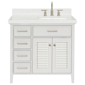 Ariel Kensington 36" Single Right Rectangle Sink Bathroom Vanity, Carrara Quartz, White