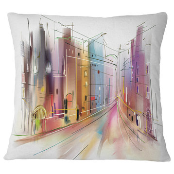 Road in City Illustration Art Cityscape Throw Pillow, 16"x16"