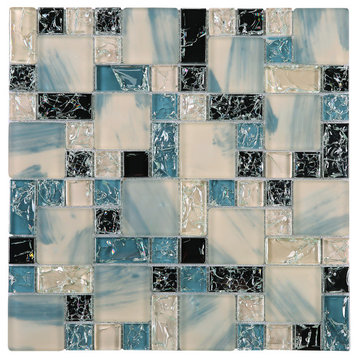11.75"x11.75" Mirin Glass Mosaic Tile Sheet, Crushed Ink, Blue, White and Black