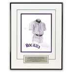 Heritage Sports Art - Original Art of the MLB 1997 Colorado Rockies Uniform - This beautifully framed piece features an original piece of watercolor artwork glass-framed in a timeless thin black metal frame with a double mat. The outer dimensions of the framed piece are approximately 13.5" wide x 17.5" high, although the exact size will vary according to the size of the original piece of art. At the core of the framed piece is the actual piece of original artwork as painted by the artist on textured 100% rag, water-marked watercolor paper. In many cases the original artwork has handwritten notes in pencil from the artist. Simply put, this is beautiful, one-of-a-kind artwork. The outer mat is a clean white, textured acid-free mat with an inset decorative black v-groove, while the inner mat is a complimentary colored acid-free mat reflecting one of the team's primary colors. The image of this framed piece shows the mat color that we use (Purple). Beneath the artwork is a silver plate with black text describing the original artwork. The text for this piece will read: This original, one-of-a-kind watercolor painting of the 1997 Colorado Rockies uniform is the original artwork that was used in the creation of thousands of Colorado Rockies products that have been sold across North America. This original piece of art was painted by artist Nola McConnan for Maple Leaf Productions Ltd. The piece is framed with an extremely high quality framing glass. We have used this glass style for many years with excellent results. We package every piece very carefully in a double layer of bubble wrap and a rigid double-wall cardboard package to avoid breakage at any point during the shipping process, but if damage does occur, we will gladly repair, replace or refund. Please note that all of our products come with a 90 day 100% satisfaction guarantee. If you have any questions, at any time, about the actual artwork or about any of the artist's handwritten notes on the artwork, I would love to tell you about them. After placing your order, please click the "Contact Seller" button to message me and I will tell you everything I can about your original piece of art. The artists and I spent well over ten years of our lives creating these pieces of original artwork, and in many cases there are stories I can tell you about your actual piece of artwork that might add an extra element of interest in your one-of-a-kind purchase. Please note that all reproduction rights for this original work are retained in perpetuity by Major League Baseball unless specifically stated otherwise in writing by MLB. For further information, please contact Heritage Sports Art at questions@heritagesportsart.com .