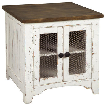 Benzara BM213349 Two Tone Wood End Table with Metal Grill Cabinet, Brown & White