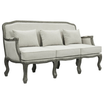 Benzara BM276242 76" Sofa, Box Cushion, Nailhead Trim, Fabric, Cream/Brown