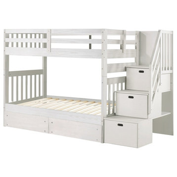 My Bed Now Olympus Twin-over-Twin 2-Drawer Wood Bunk Bed w/ Staircase in White
