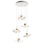 ET2 Lighting - Circuit LED 5-Light Pendant - Flat round acrylic disks are etched with a circular design that becomes vivid as light travels through it. Suspended from frames of Matte White with Metallic Gold accents, each disc has a swivel which allows you to control the direction the light.