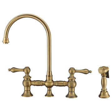 Bridge Faucet with Swivel Spout, Lever Handles and Solid Brass Side Spray