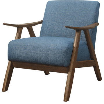 Mid Century Accent Chair, Rubberwood Frame With Cushioned Seat & Back, Blue