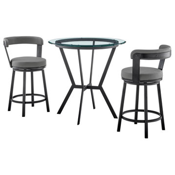 3-Piece Counter Height Dining Set In Black Metal and Gray Faux Leather