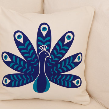 Peacock Eco Throw Pillow Cover, Teal Blue/Cream