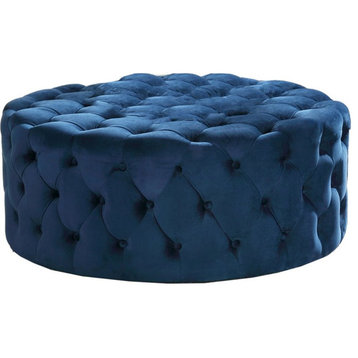 Bowery Hill Transitional 40" Round Velvet Fabric Ottoman in Navy