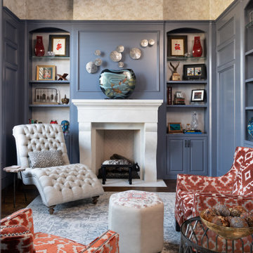 Exposed Beam Library with Blue Cabinetry, White Mantel, Pet Friendly Performance