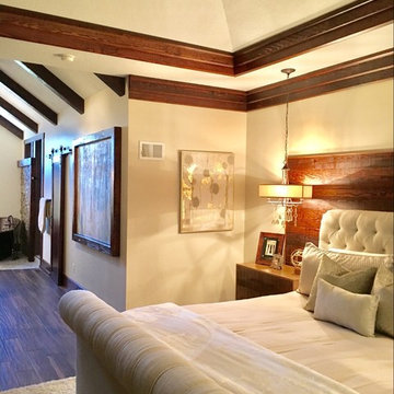 Rustic master bedroom with a touch of glam.