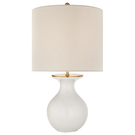 Albie Small Desk Lamp in New White with Cream Linen Shade