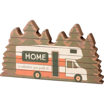 Home is Where You Park It Camper in Pine Trees Chunky Wood Shelf Sitter Sign