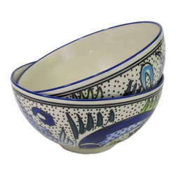 Le Souk Ceramique - Medium Deep Stoneware Serve Bowls, Set of 2, Aqua Fish Design - Serving And Salad Bowls