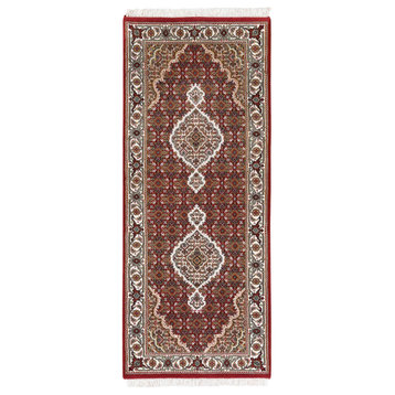Hand Knotted Red Tabriz Mahi Fish Medallion Design Wool And Silk Rug, 2'7"x6'8"