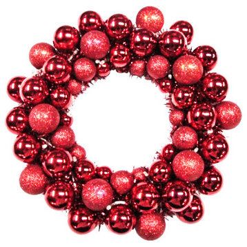 16" Red Ball Wreath With Battery Powered Pure White LEDs