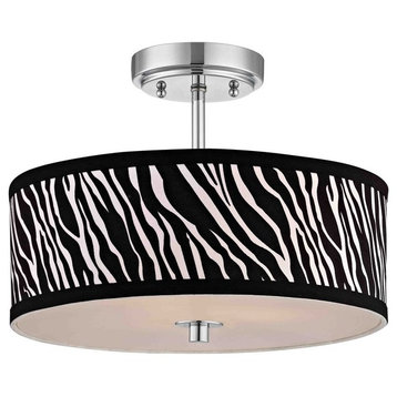 Chrome Ceiling Light with Zebra Print Drum Shade - 14 Inches Wide