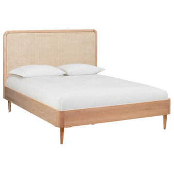 Carmen Cane Bed in King, Rattan Wicker Natural Ash Wood Panel Bed