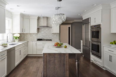 Enclosed kitchen - large contemporary dark wood floor and brown floor enclosed kitchen idea in Milwaukee with a single-bowl sink, shaker cabinets, white cabinets, quartz countertops, metallic backsplash, marble backsplash, stainless steel appliances, an island and white countertops