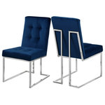 Meridian Furniture USA - Alexis Velvet Upholstered Dining Chair (Set of 2), Navy - Dine in sophistication and elegance when you're seated in this Alexis navy velvet dining chair. This pretty chair has a modish look that's suitable for nearly any contemporary decor theme. The base is made from stainless steel and has been given a rich chrome finish that lends it added modern panache. The seat is thickly padded and welcoming to the body as you sit through mealtime and converse with family and friends. Plush navy velvet upholstery with tufting on the back and seat cushions finishes off the design on a svelte note.