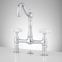 8" BRIDGE BATHROOM FAUCET - LARGE PORCELAIN CROSS HANDLES - Bathroom Sink Faucets