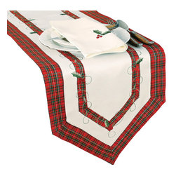 Xia Home Fashions - Tartan Ribbon Embroidered Christmas Table Runner 15"x54" White - Table Runners