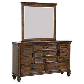 Rustic Dresser With Mirror, Multiple Drawers & 2 Louvered Doors, Burnished Oak