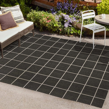 Grid Modern Squares Indoor/Outdoor Area Rug, Black/Cream, 5x8