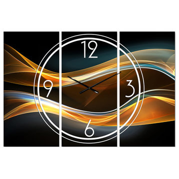 3D Gold Waves in Black Modern and Contemporary 3 Panels Metal Clock