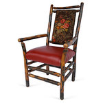 Genesee River - Rustic Hickory Floral Arm Chair - Tenoned hickory frame arm chair with cotton floral fabric in brown, greens, pinks and yellows on back of chair, seat is faux red leather.  Seat height is 19" from floor. Bench made in Pennsylvania. All sales are final.