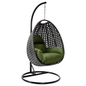 LeisureMod Charcoal Wicker Hanging Egg Chair With Stand & Cushion, Dark Green