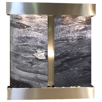Aspen Falls Water Fountain, Black Spider Marble, Stainless Steel, Square