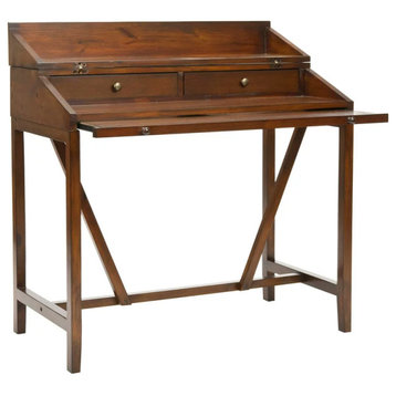 Industrial Rustic Convertible Desk, Pine Frame With Pull Out Tray, Dark Teak