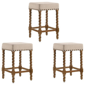 Home Square 3 Piece Linen Counter Stool Set with Wood Base in Natural Oak