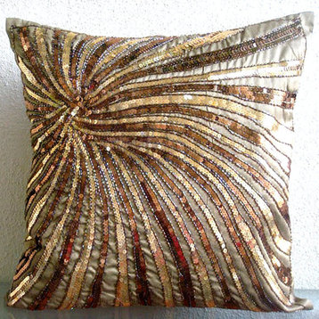 Brown Farmhouse Style Throw Pillows 20"x20" Art Silk, Gold Bloom