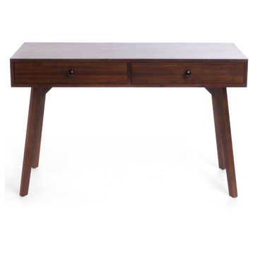 Traditional Desk, Acacia Wood Construction With Angled Legs & 2 Drawers, Walnut