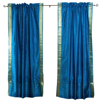 Turquoise Rod Pocket Sheer Sari Cafe Curtain / Drape / Panel-43W x 36L-Pair