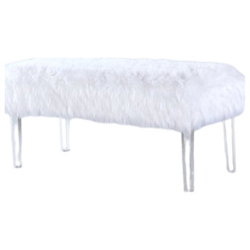 Contemporary Accent Bench, Acrylic Legs With Faux Fur Upholstered Seat, Beige